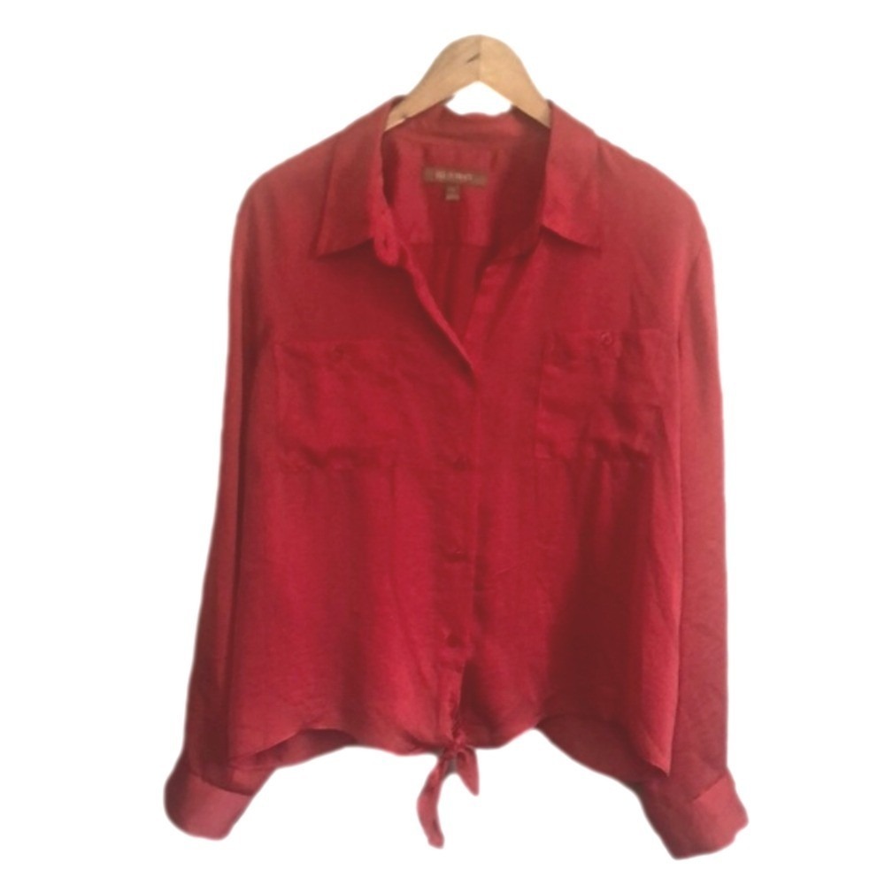 ELLEN TRACY XLarge‎ Tangerine Button Up Long Sleeve Tie Front Satin Blouse